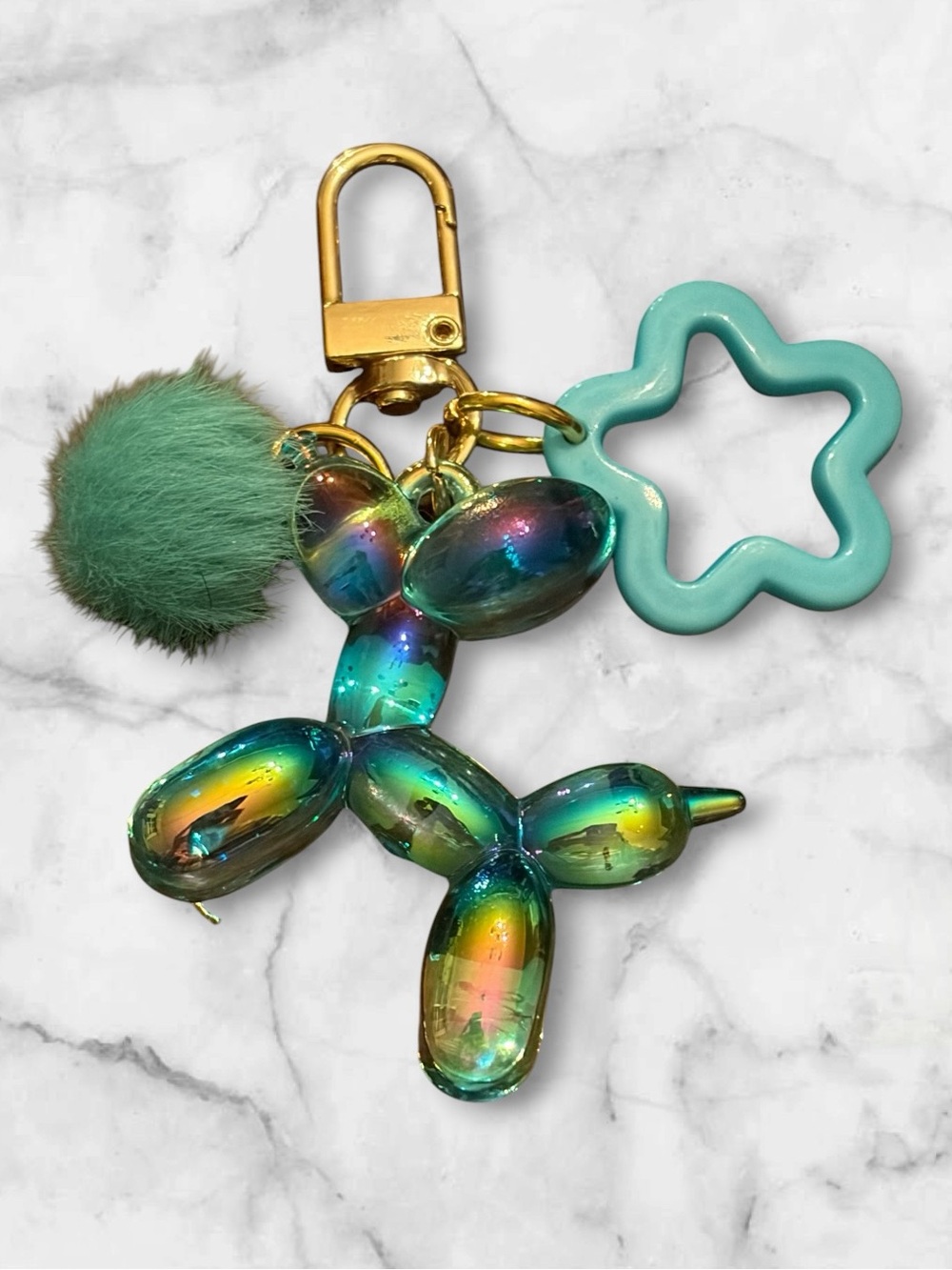 Iridescent Teal Balloon Dog Keychain Charm with Pom and Star